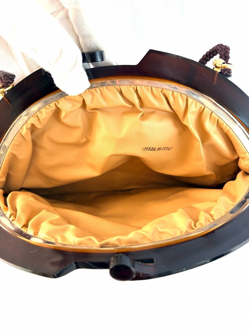 Vintage 1960s / 1970s Brown Leather and Lucite Kisslock Clutch Bag - Italy - Picture 6 of 7